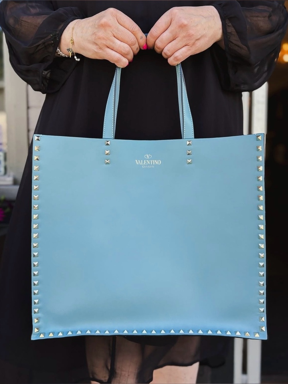 VALENTINO Leather rockstud large tote bag powder blue